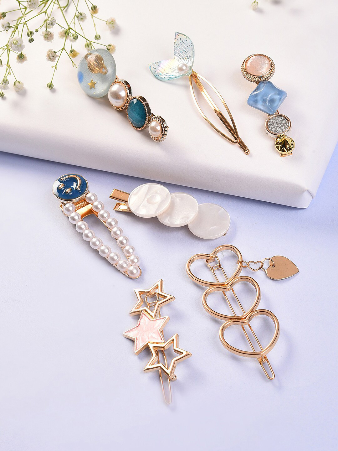 SOHI Set Of 7 Gold-Plated Pack Stone Pearl Blue Studded Hair Pins Jewellery