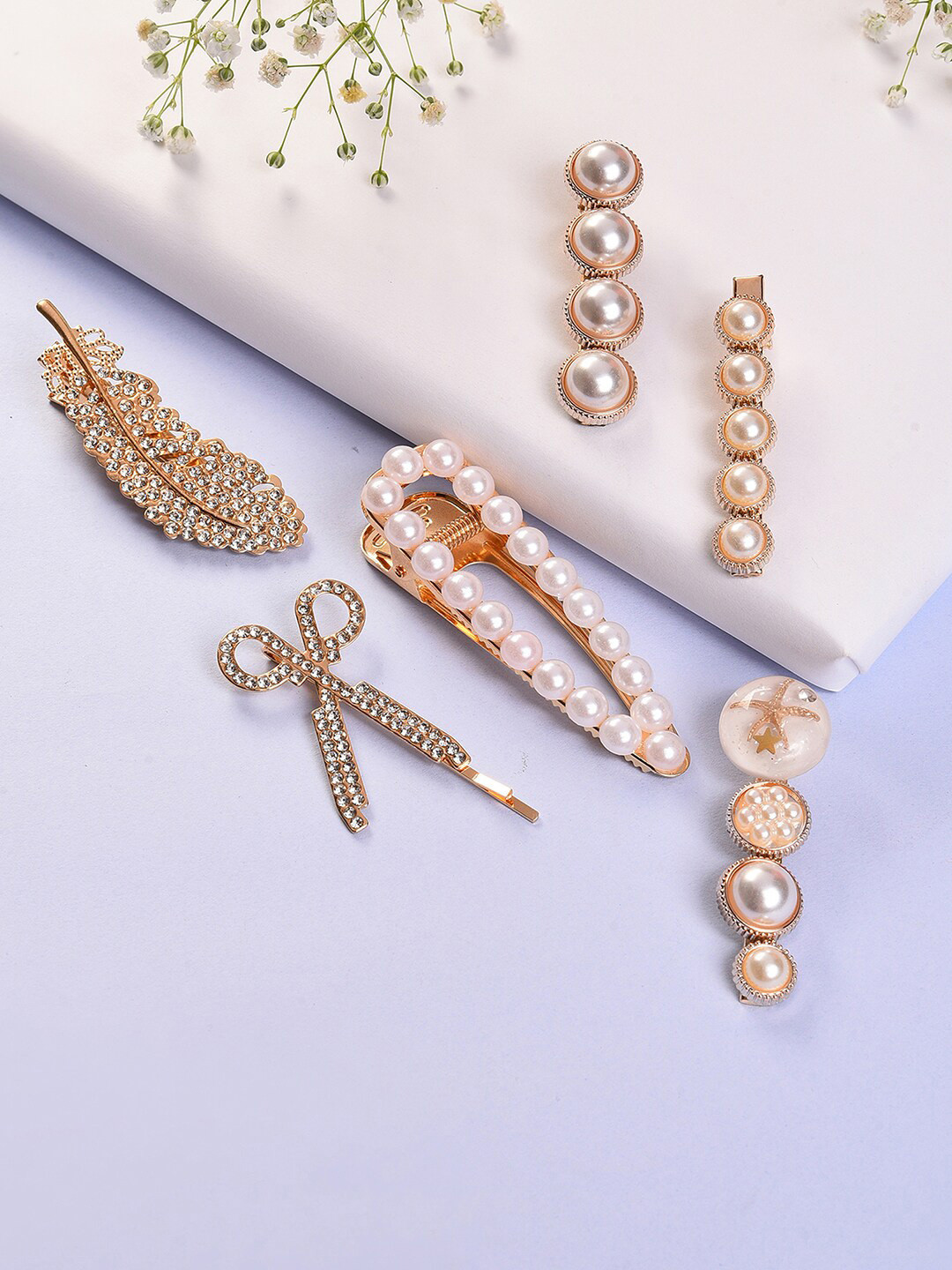SOHI Women Set of 6 Gold-Toned & White Embellished Alligator Hair Clip