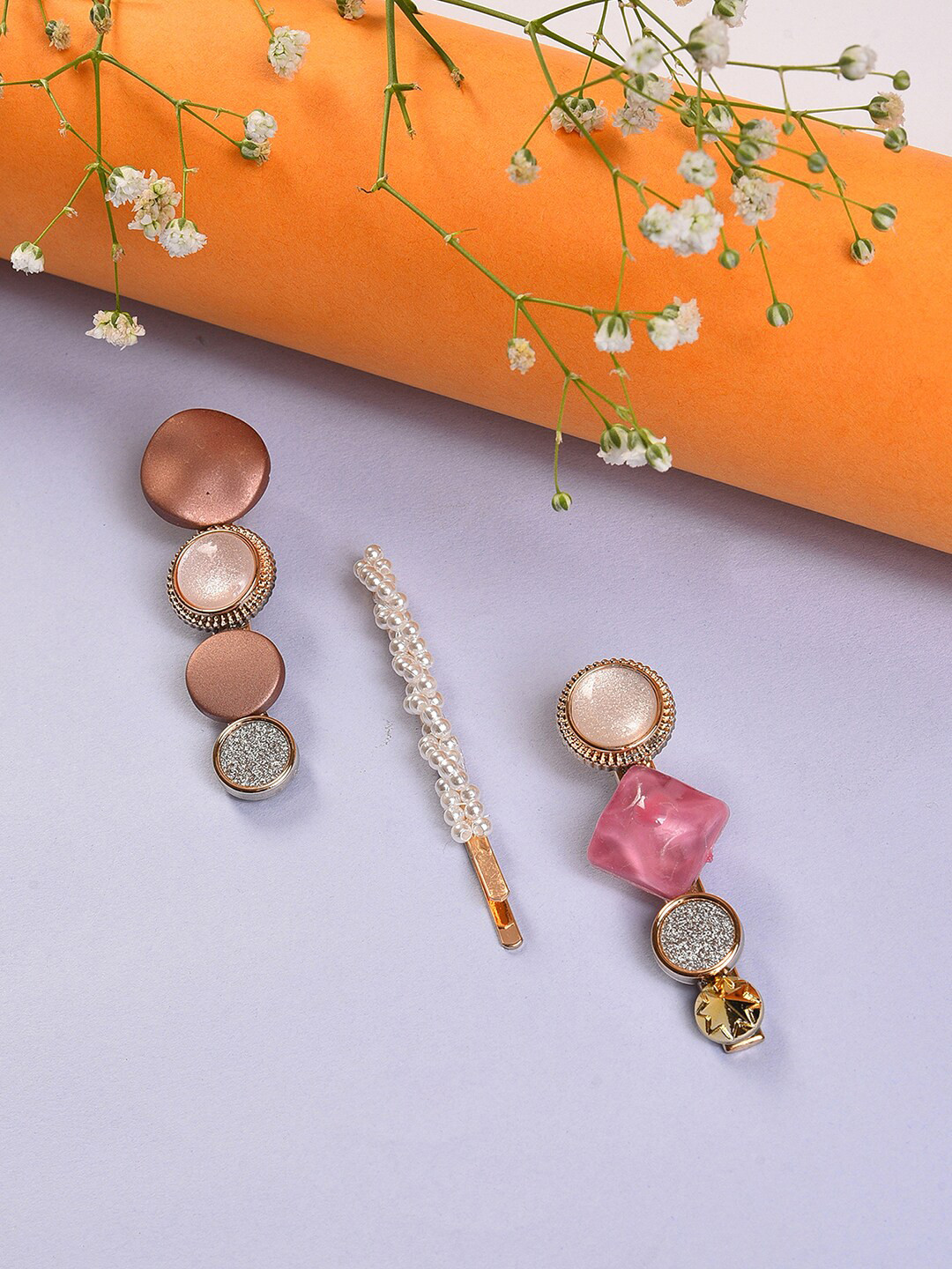 SOHI Women Set of 3 Pink & White Gold-Plated Alligator Hair Clip