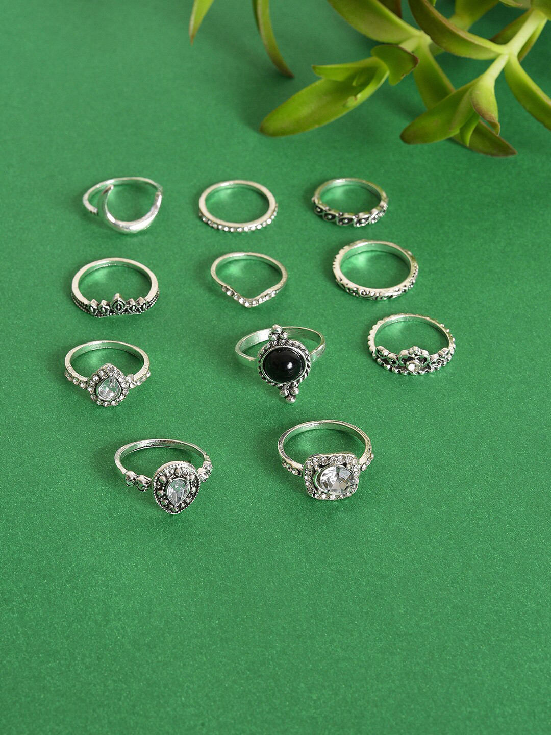 SOHI Set Of 11 Silver-Plated White Stone-Studded Finger Rings