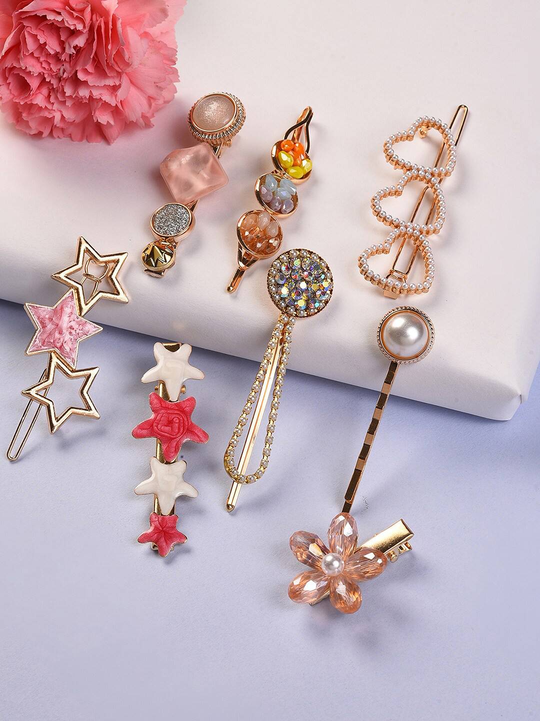 SOHI Women Pink & White Set of 7 Gold-Plated Beaded Bumpit Hair Pin