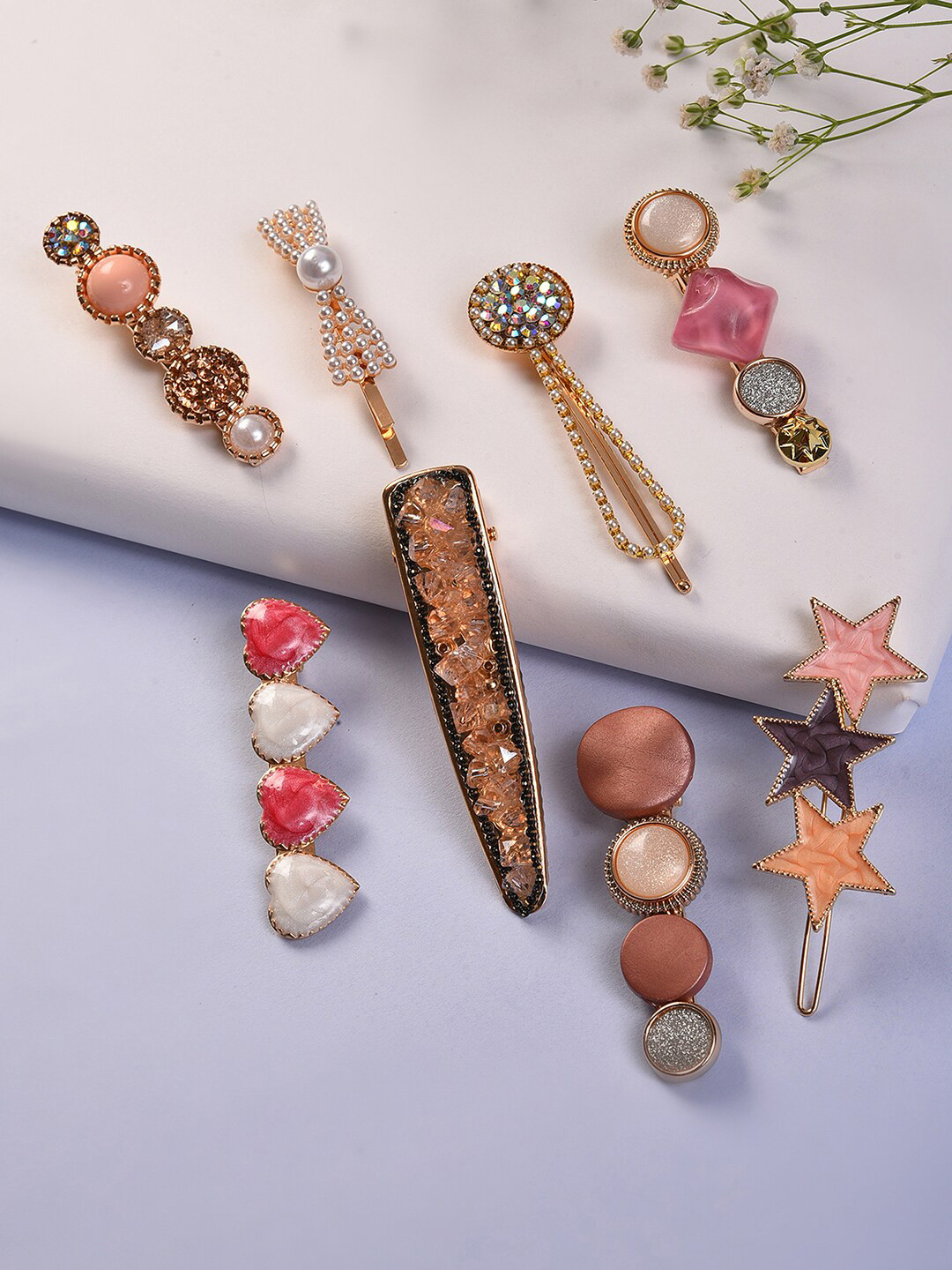 SOHI Women Gold-Plated & Peach-Coloured Embellished Alligator Hair Clip Pack of 8