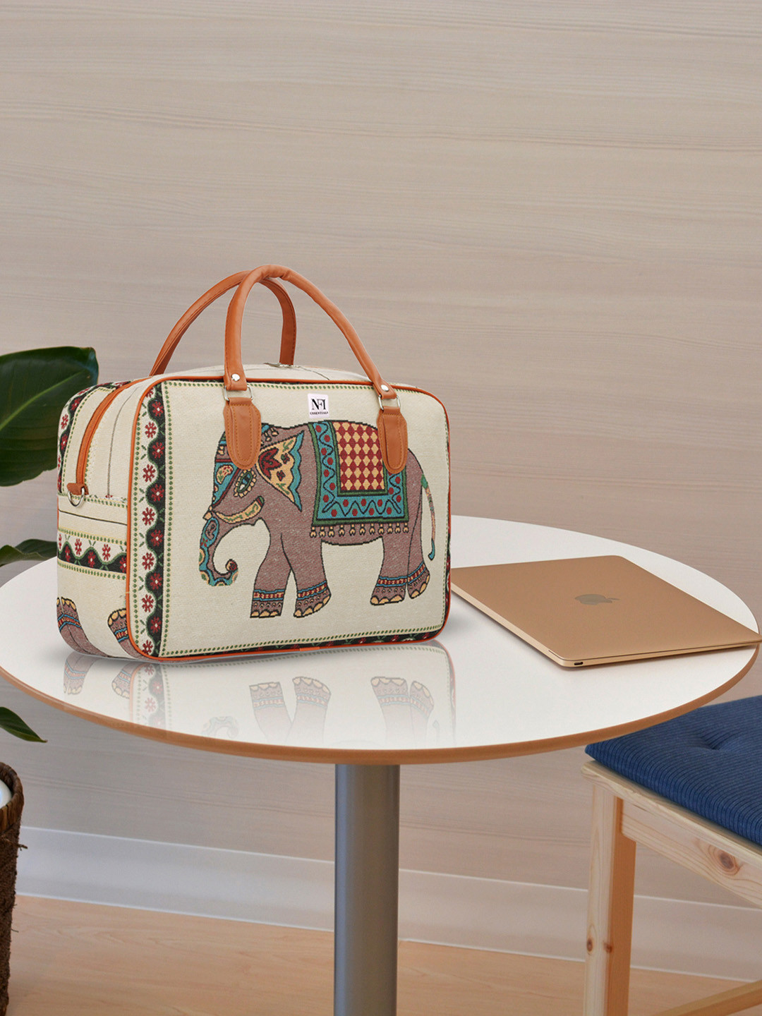 NFI essentials Cream and Blue Canvas Duffle Bag