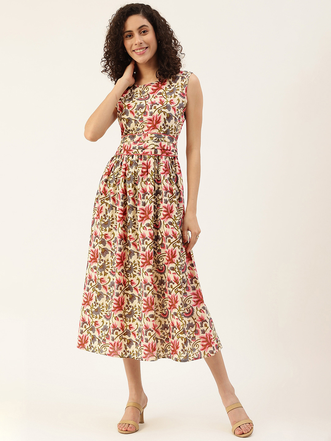 Maaesa Women Beige & Green Floral Printed A-Line Midi Dress