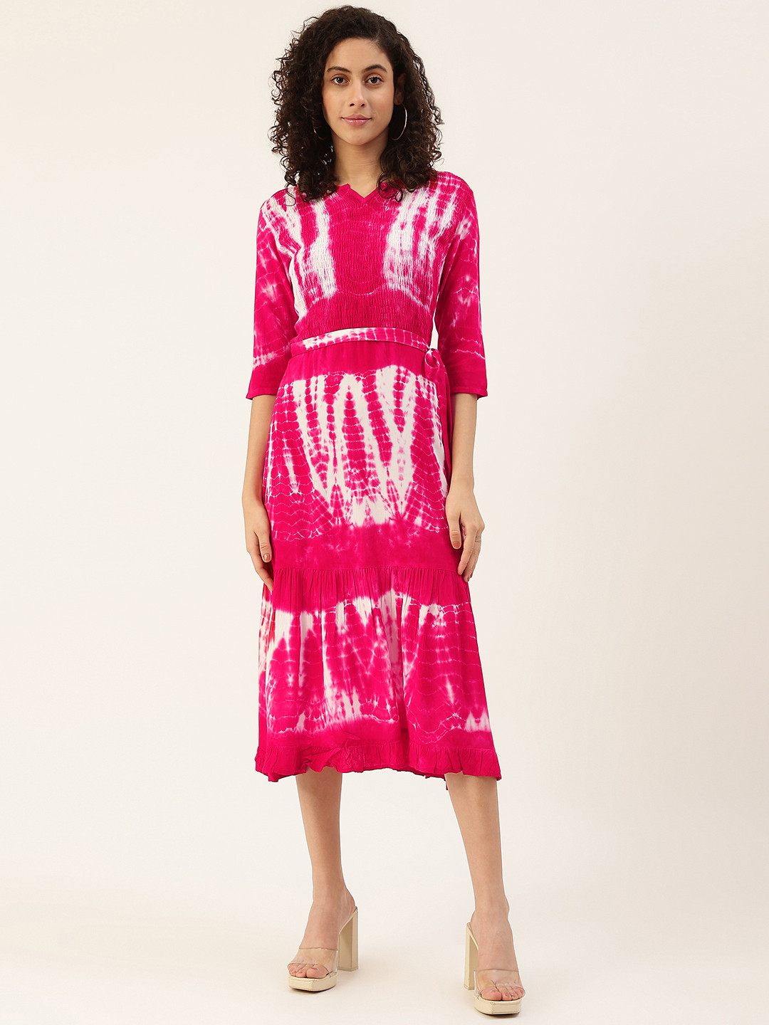 Maaesa Women Pink & White Dyed A-Line Midi Holi Dress