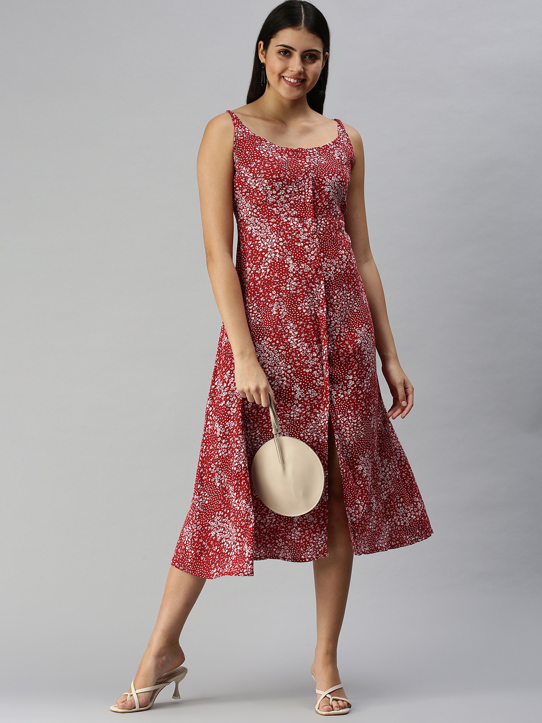 SHOWOFF Red Floral A-Line Midi Dress