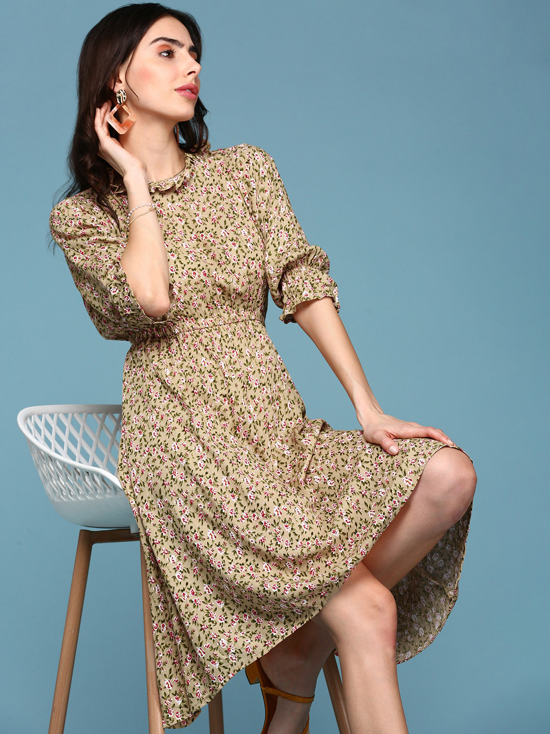 SHOWOFF Beige Floral Crepe Midi Dress