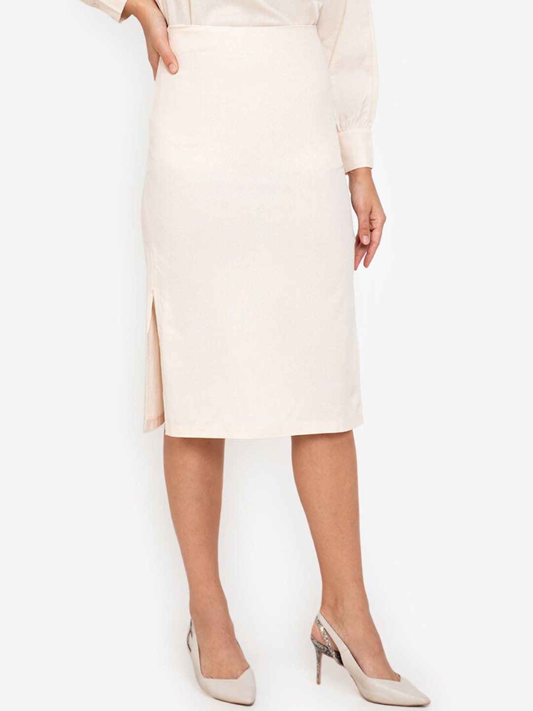 ZALORA WORK Beige Solid Pencil Skirt With Side Slit