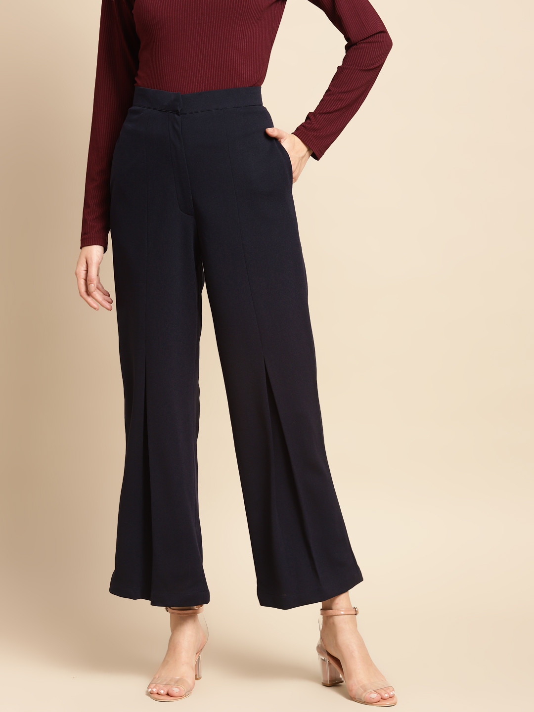 WoowZerz Women Navy Blue Solid Sharp Slim Fit High-Rise Pleated Trousers