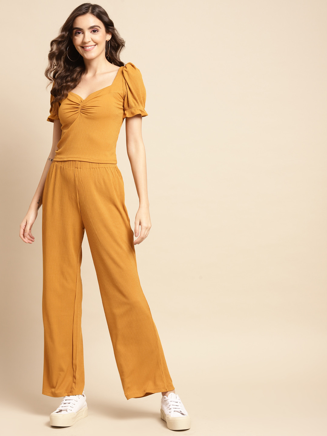 WoowZerZ Women Mustard Yellow Ribbed Top & Palazzos Set