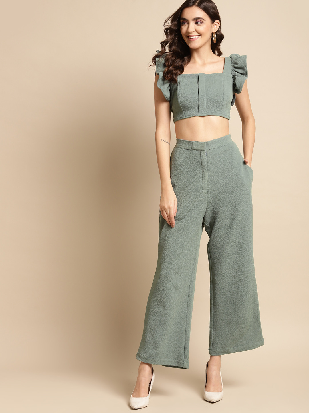 WoowZerZ Women Mint Green Crop Top with Palazzos Set