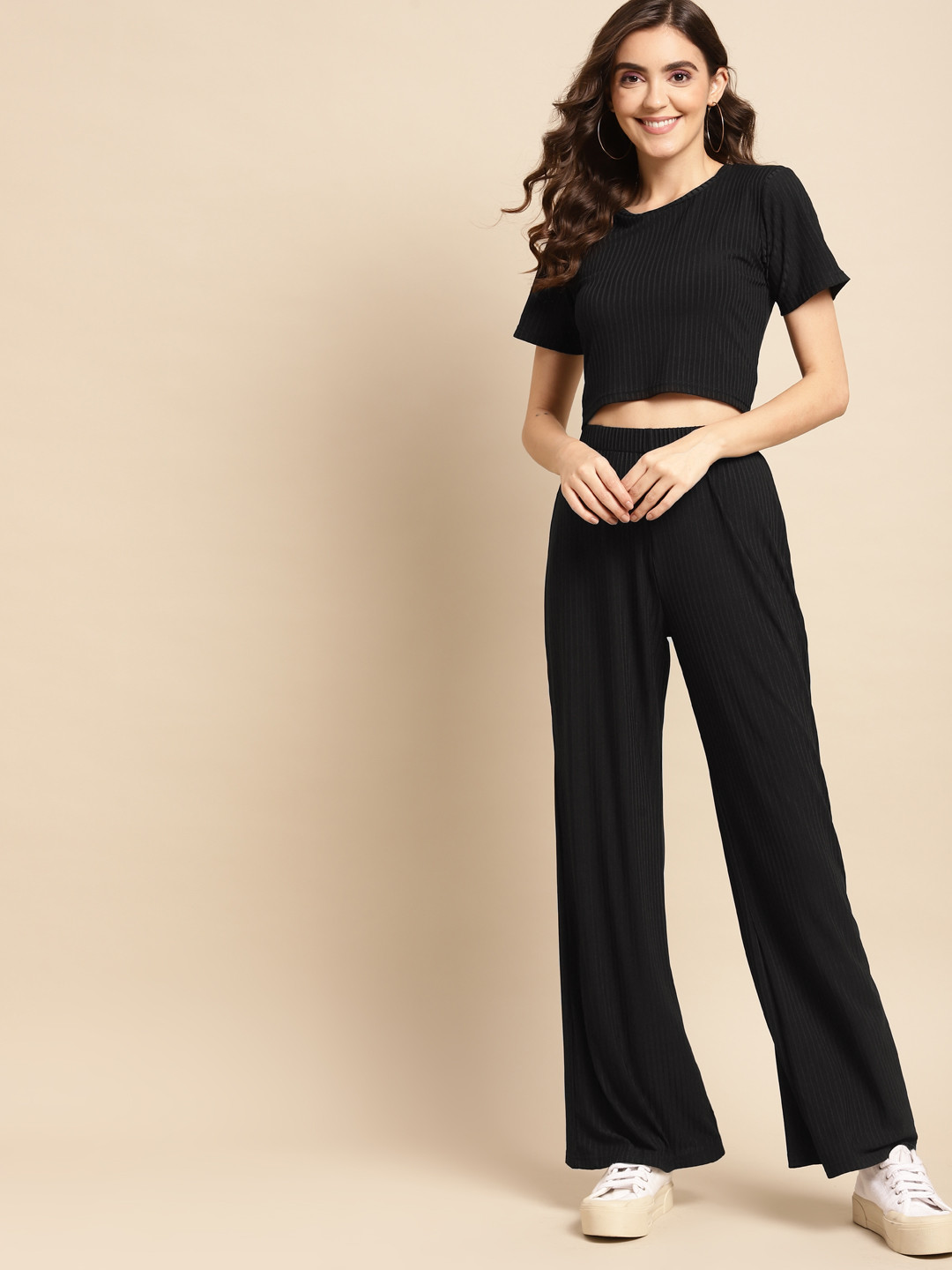 WoowZerZ Women Black Crop Top & Palazzos Set