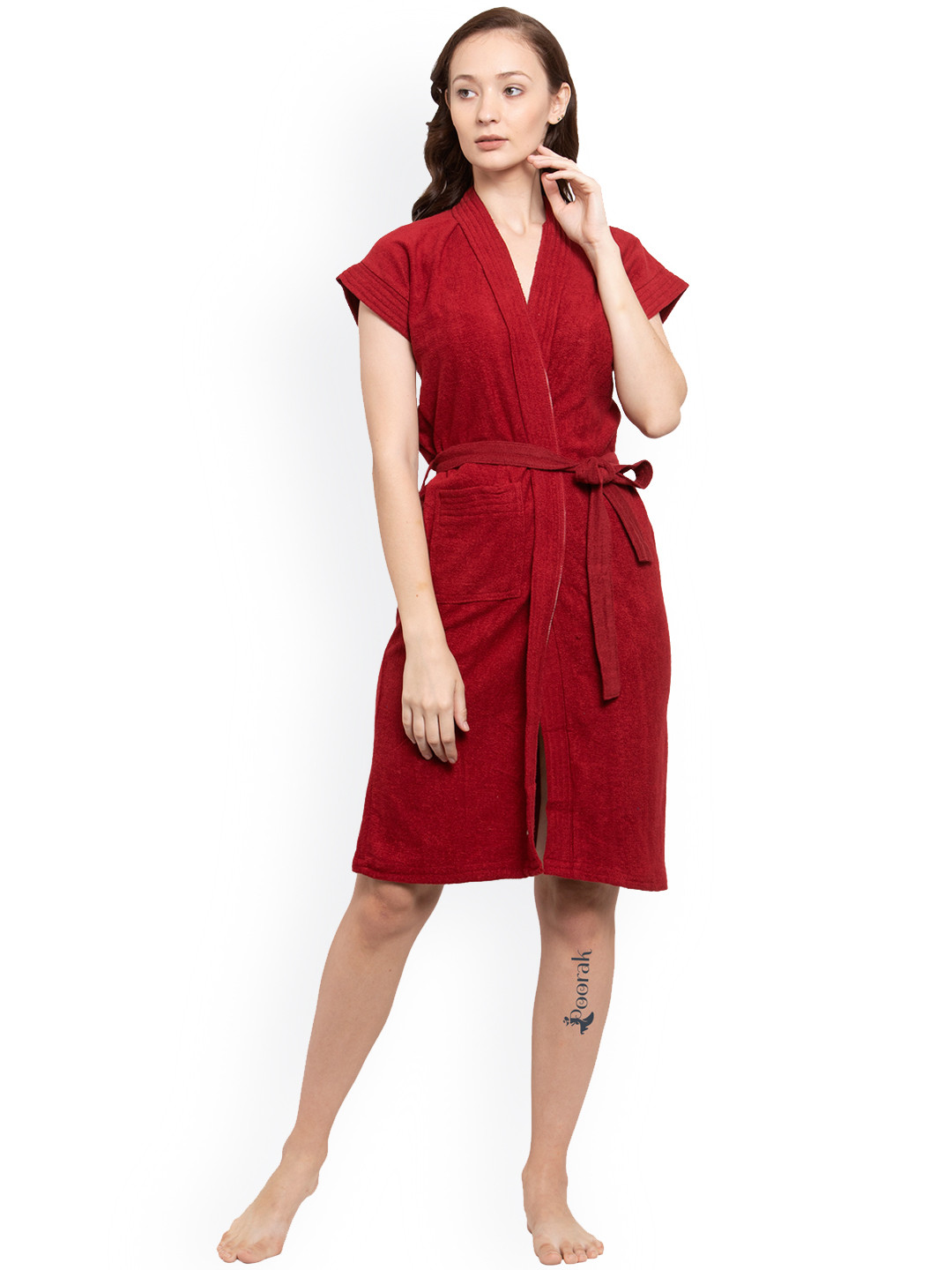 POORAK Soft Maroon Solid Cotton Drawstring Knee Length Bath Robe
