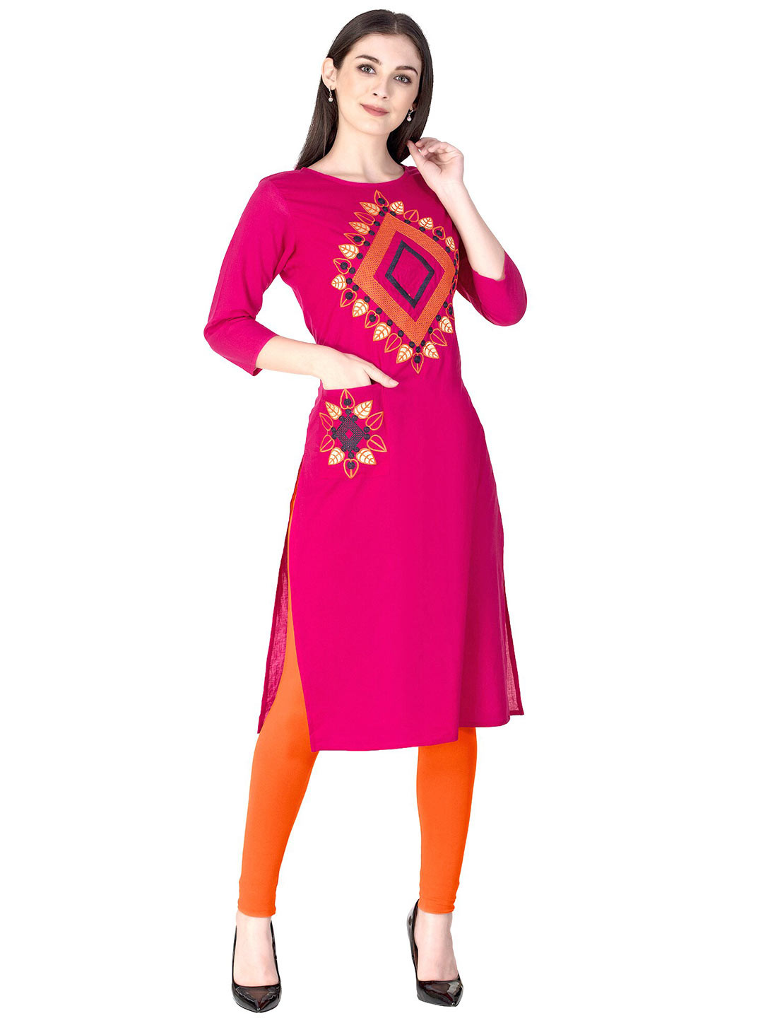 Ksharaa Women Pink & Orange Ethnic Motifs Embroidered Kurta