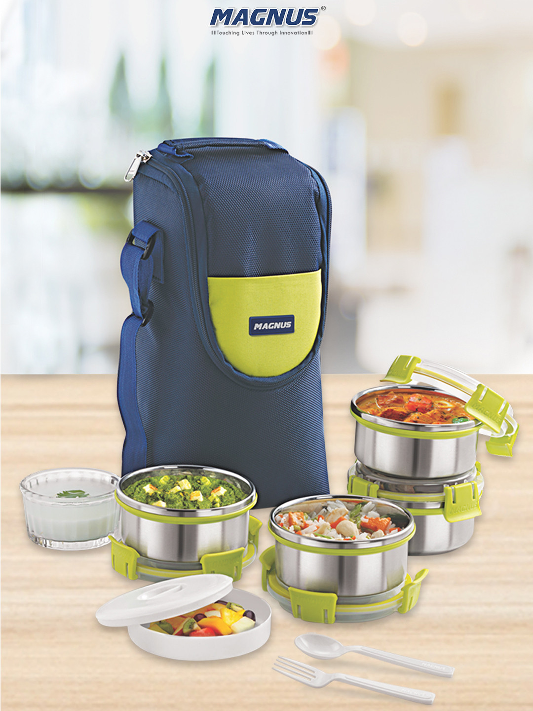 MAGNUS Airtight Leakproof Aura 4 Stainless Steel 4PCs Lunch Box With Spoon and Fork