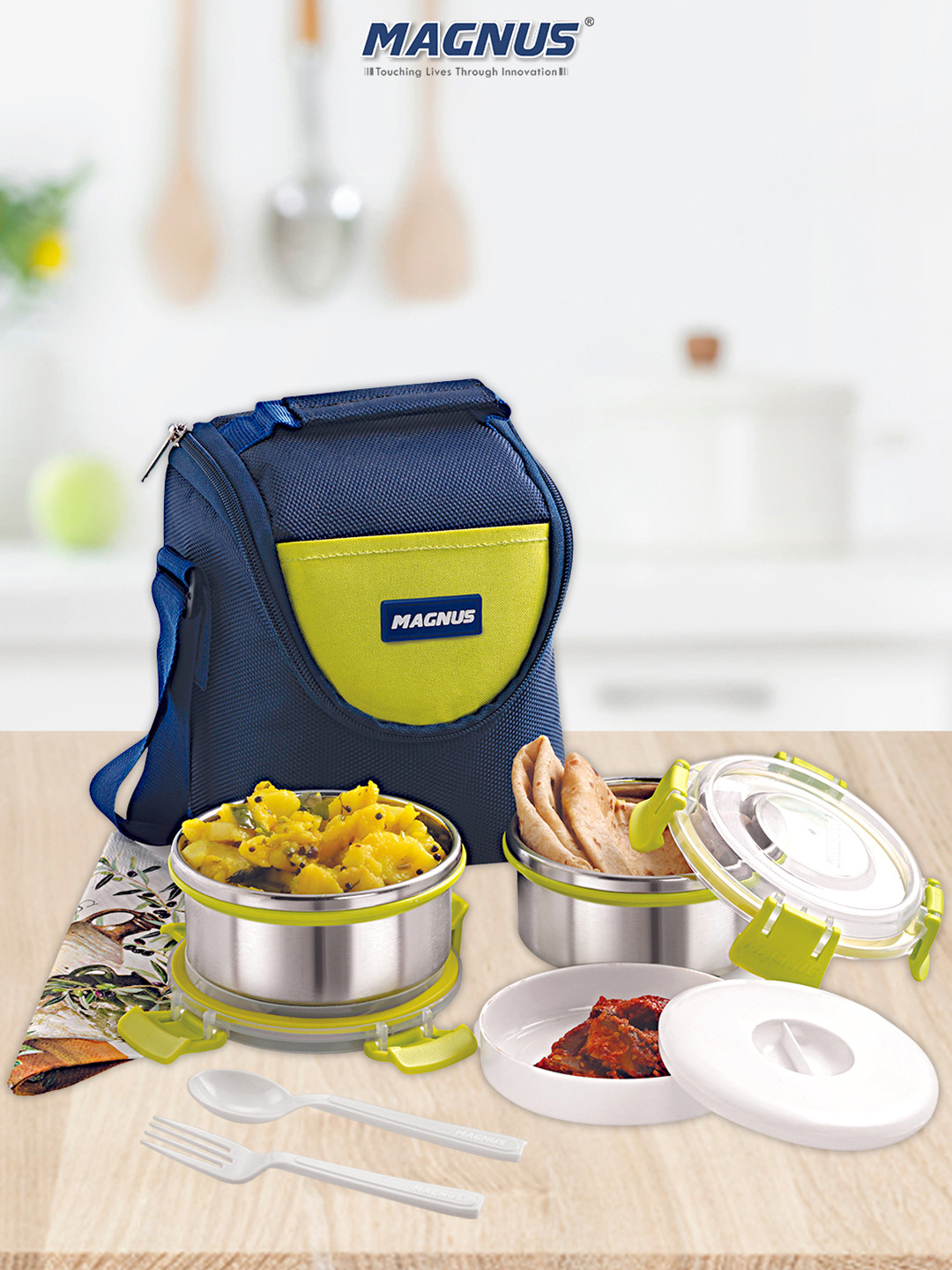 MAGNUS Airtight Leakproof Aura 2 Stainless Steel 3PCs Lunch Box With Spoon and Fork