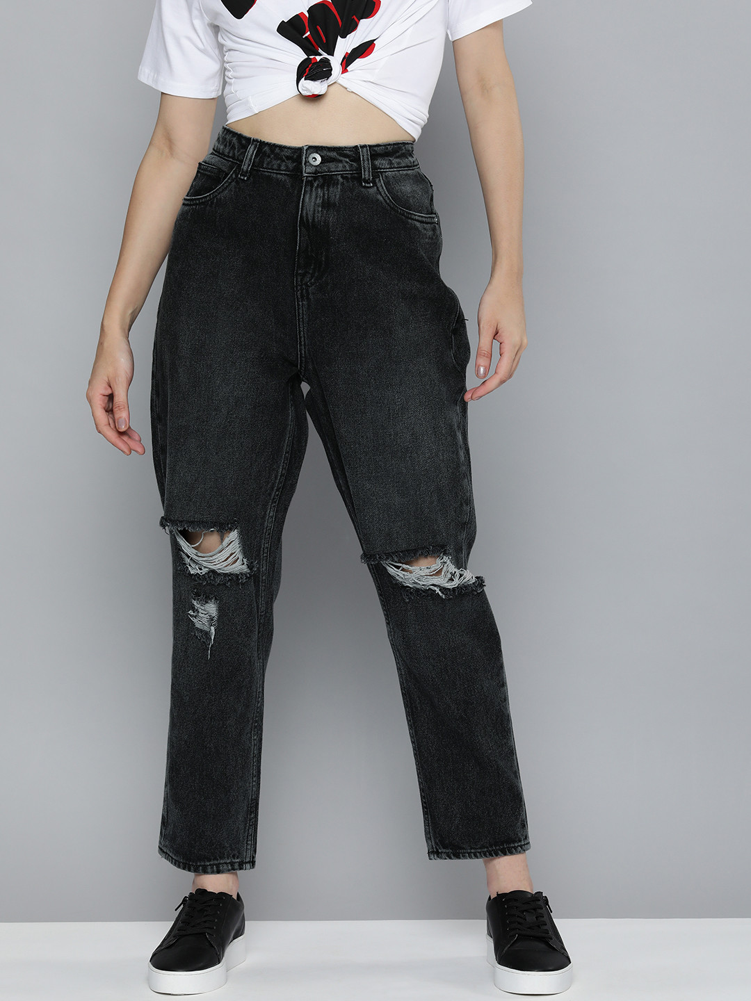 Flying Machine Women Charcoal Boyfriend Fit Slash Knee Light Fade Jeans