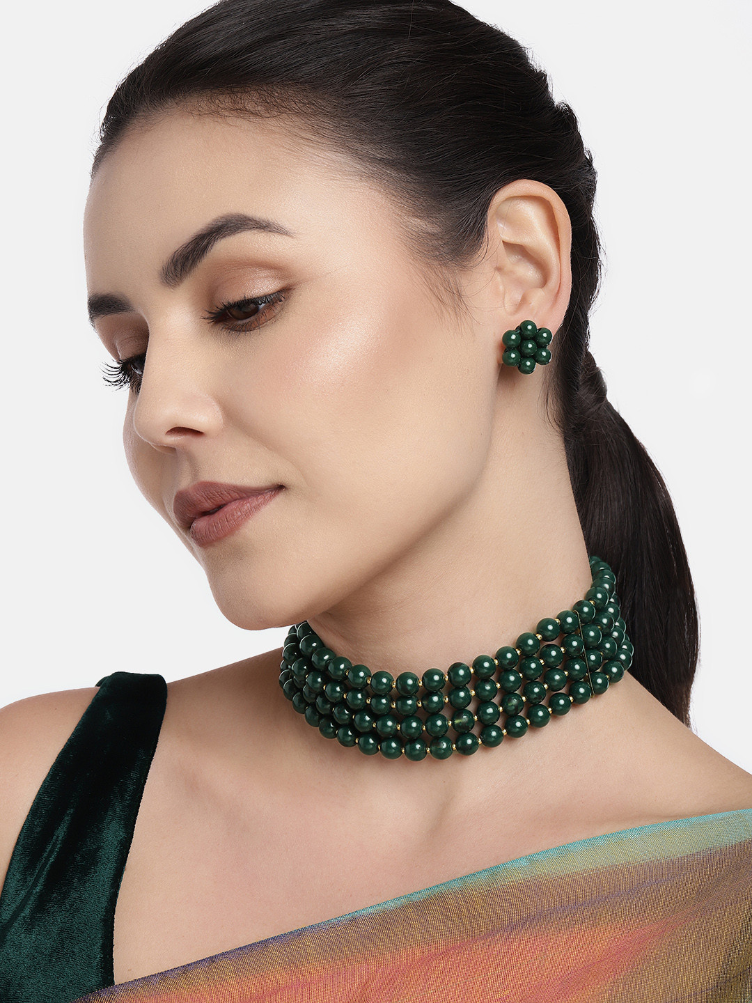 I Jewels Green Pearl Multi-Strand Gold-Plated Jewellery Set