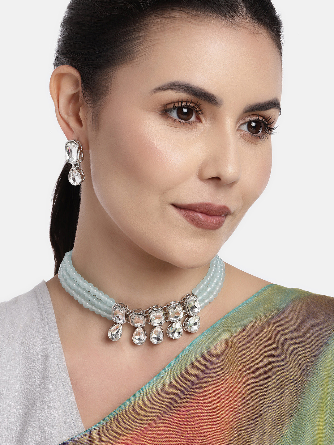 I Jewels Turquoise Blue Crystal Stone Studded Rhodium-Plated Choker Jewellery Set