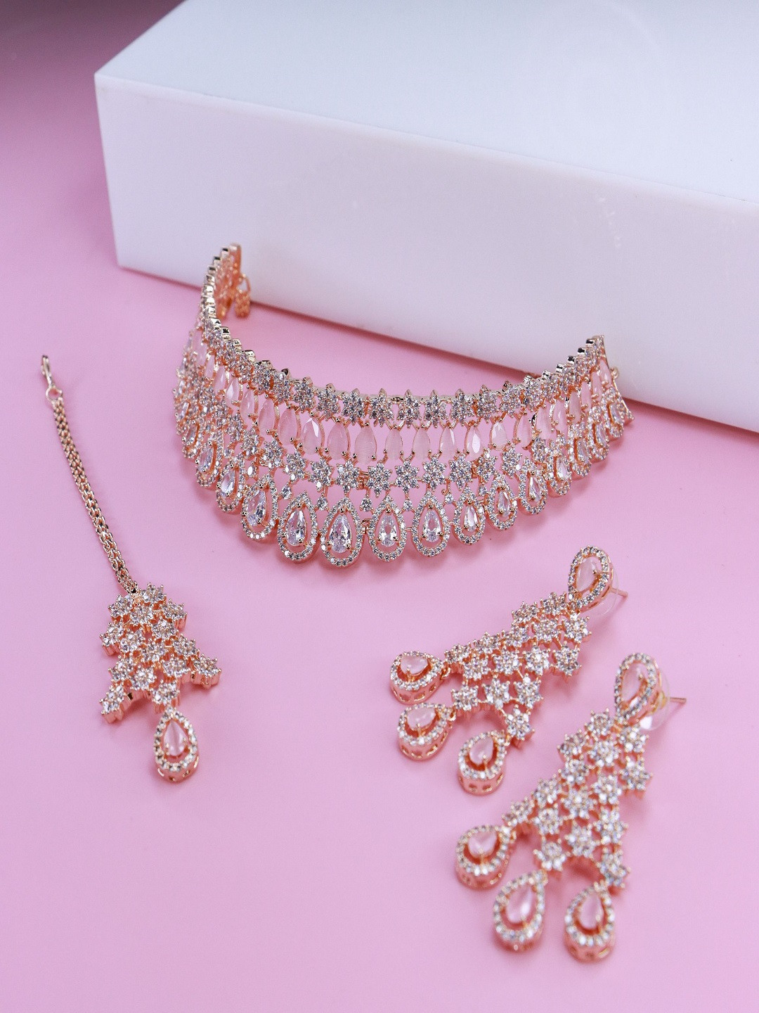 I Jewels Pink Artificial Diamond Studded Rose Gold-Plated Jewellery Set