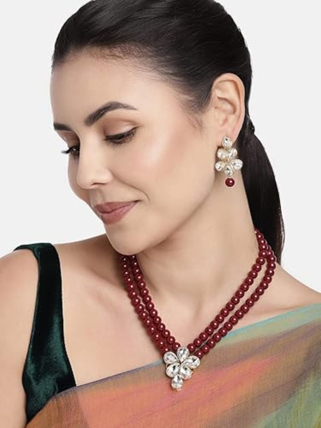 I Jewels Maroon Pearl & Stone-Studded Gold-Plated Jewellery Set