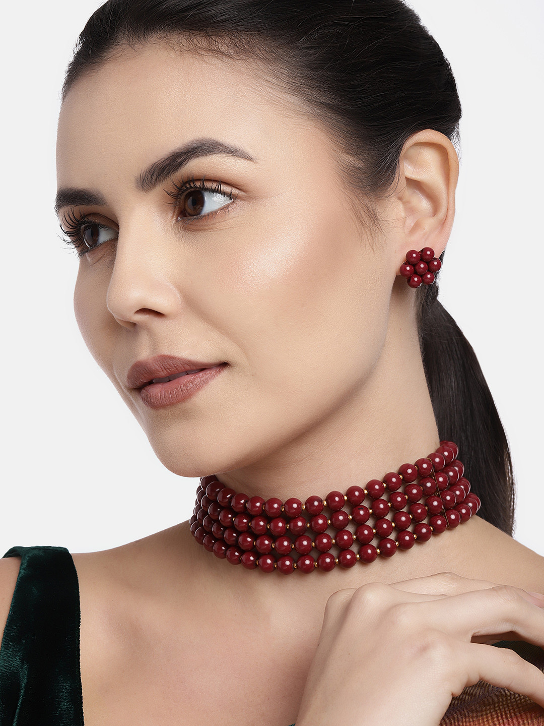 I Jewels Maroon Pearl Multi-Strand Gold-Plated Jewellery Set