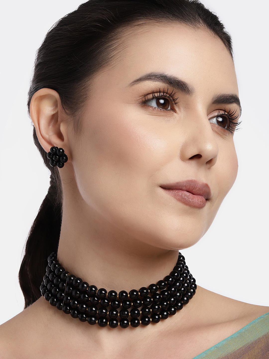 I Jewels Black & Gold-Plated Stone Studded & Beaded Jewellery Set