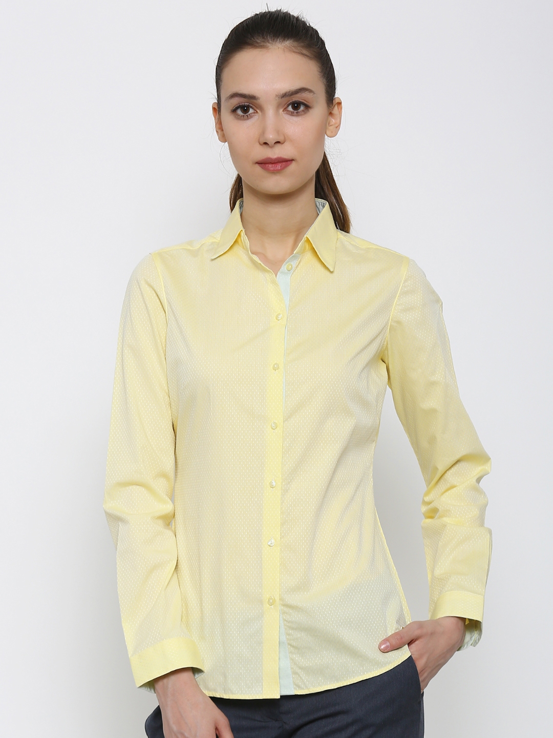 Buy Park Avenue Women Yellow Self Design Semi Formal Shirt