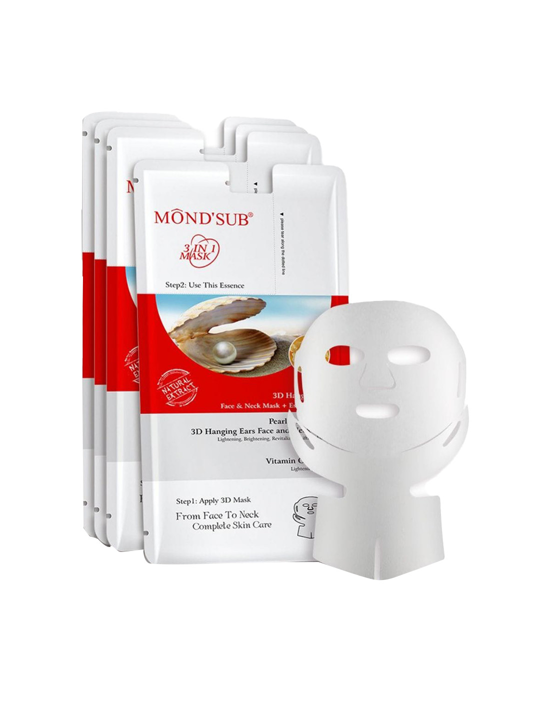 MONDSUB Set Of 3 Pearl 3D Hanging Ears Neck & Facial Sheet Masks
