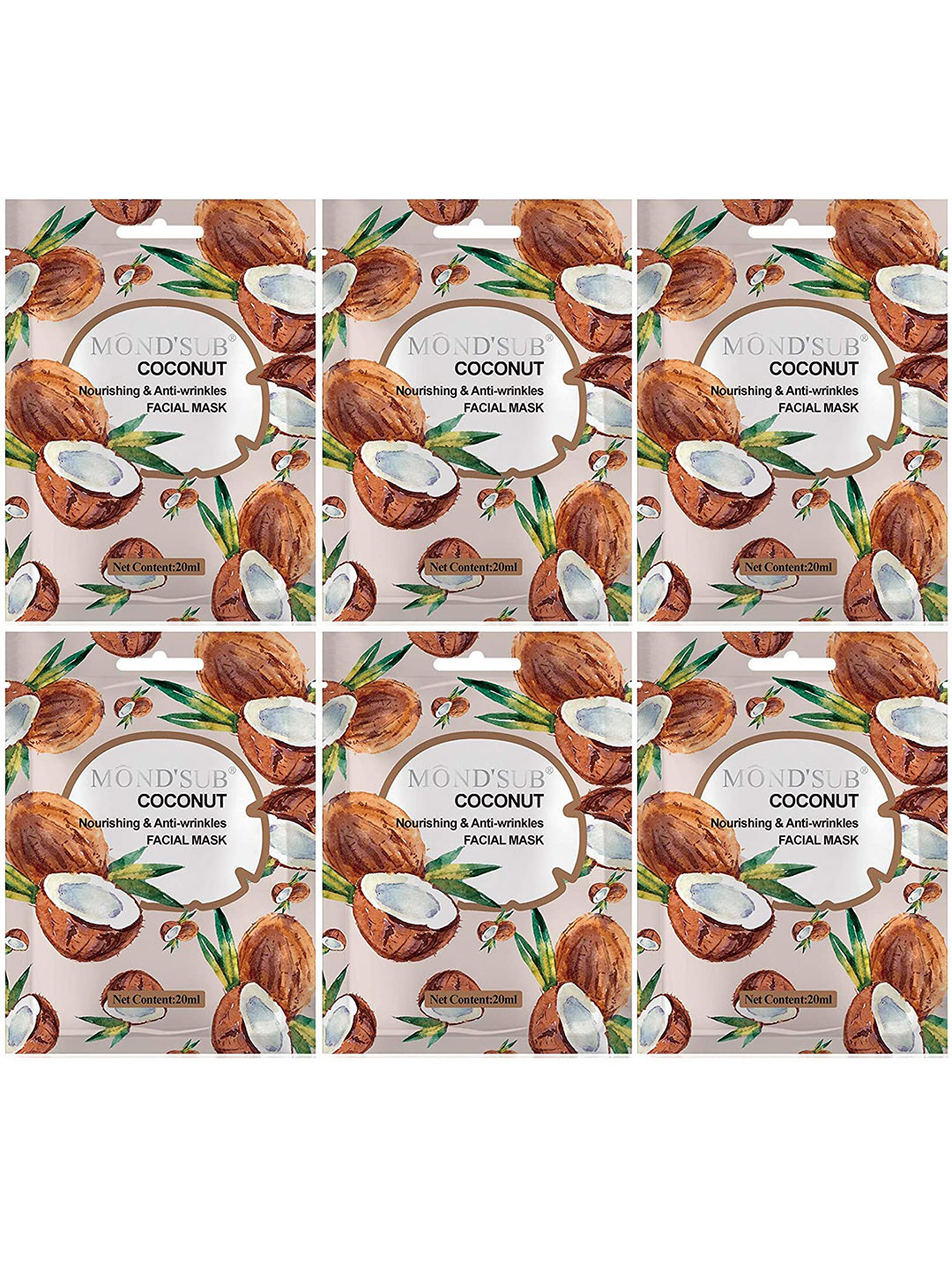 MONDSUB Set Of 6 Coconut Nourishing and Anti Wrinkles Face Sheet Mask