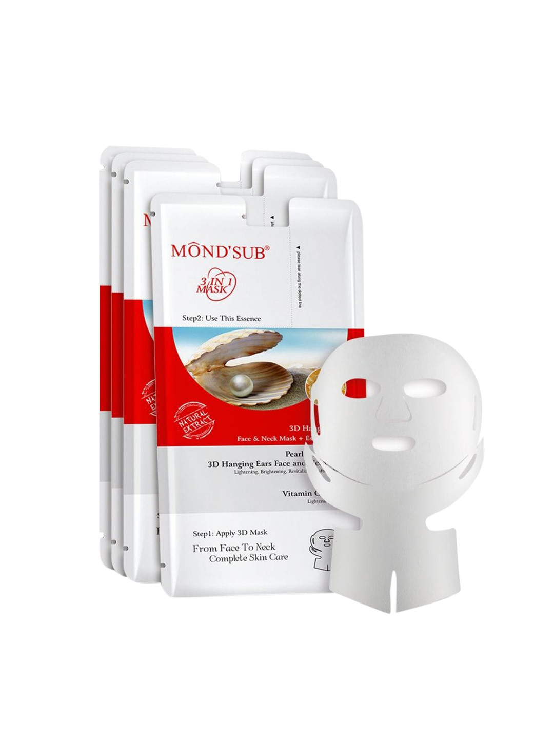 MONDSUB Set Of 4  Pearl 3D Hanging Ears Neck & Facial Sheet Masks