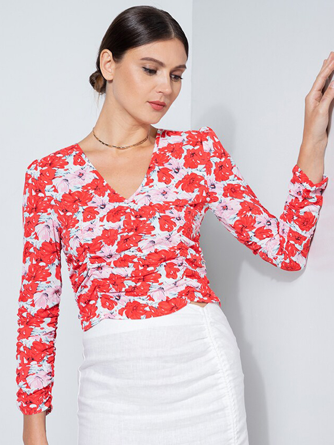 ZALORA OCCASION Red & White Floral Print Ruched Crop Top