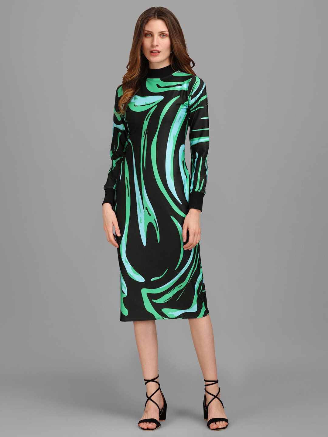 PURVAJA Turquoise Blue Abstract Midi Dress