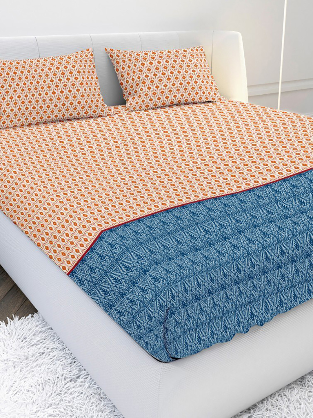 MAYFAIR HOMES LONDON Premium Orange Geometric Cotton 144 TC Super King Bedsheet with 2 Pillow Covers-108 x 108 inches