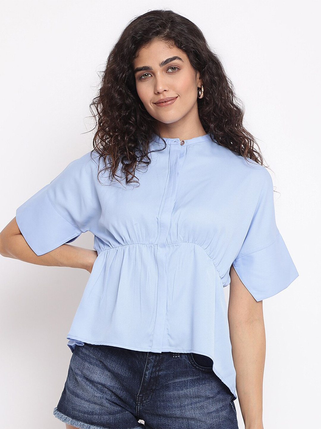 am ma Blue Solid Mandarin Collar Cinched Waist Top