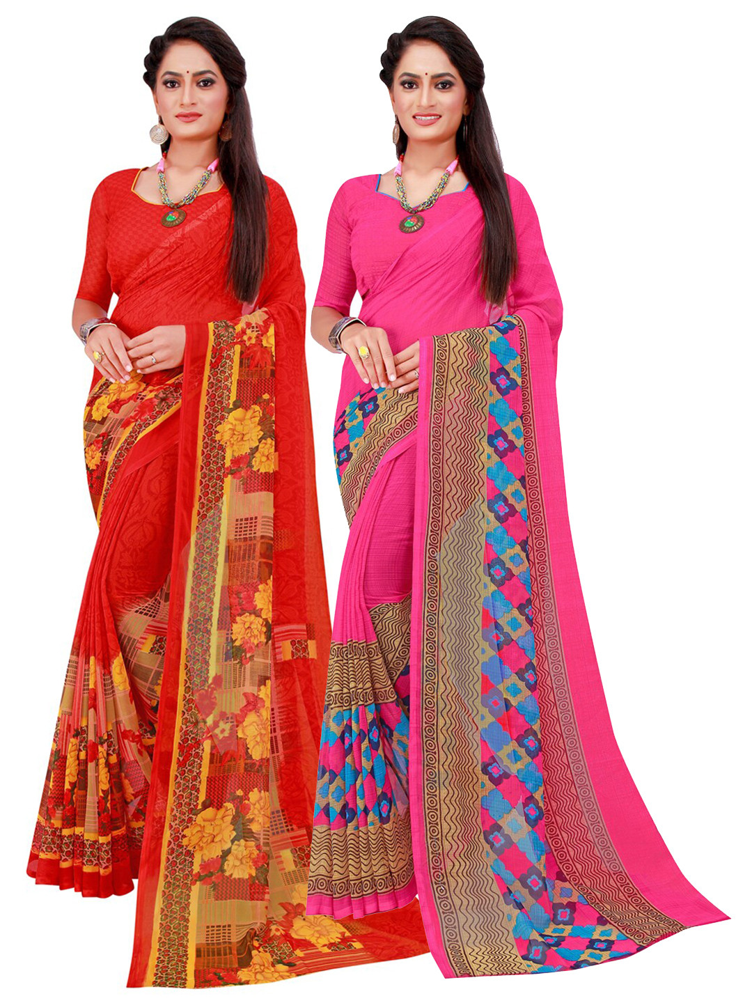 KALINI Magenta & Red Set Of 2 Floral Pure Georgette Saree