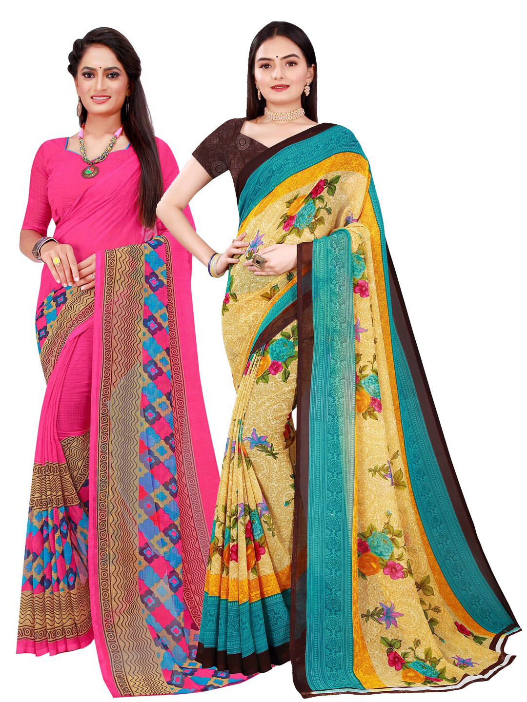 KALINI Pack of 2 Magenta & Beige Pure Georgette Sarees