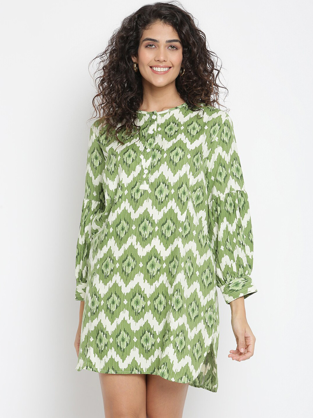 am ma Green Printed A-Line Dress