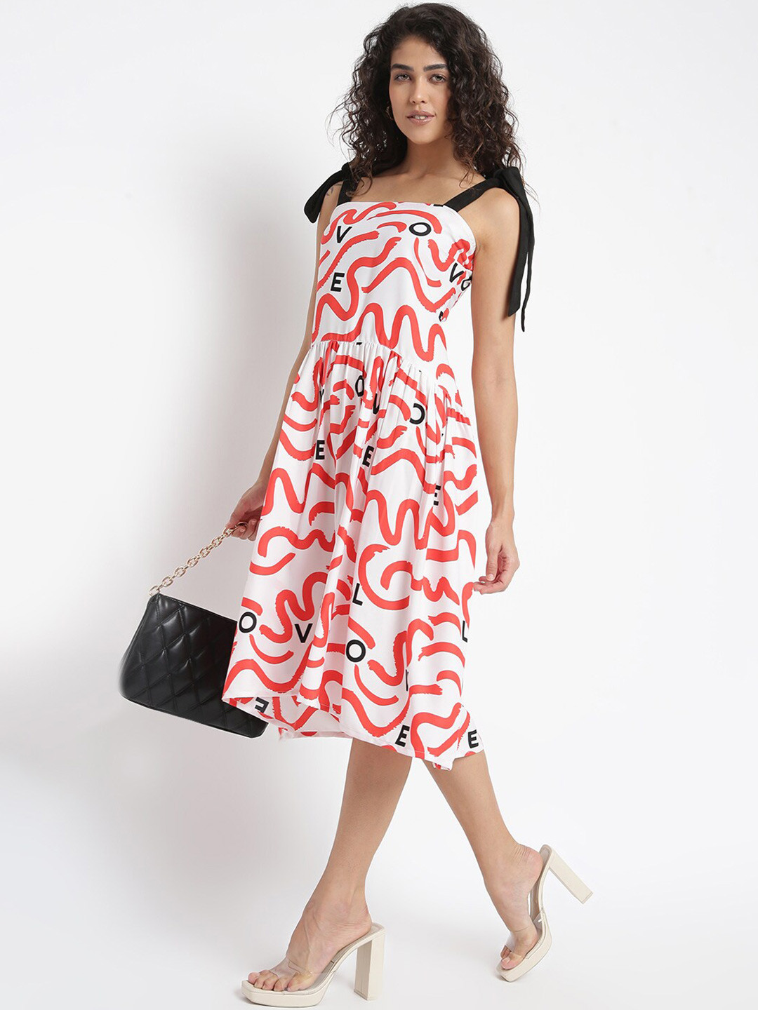 am ma White & Pink A-Line Midi Dress