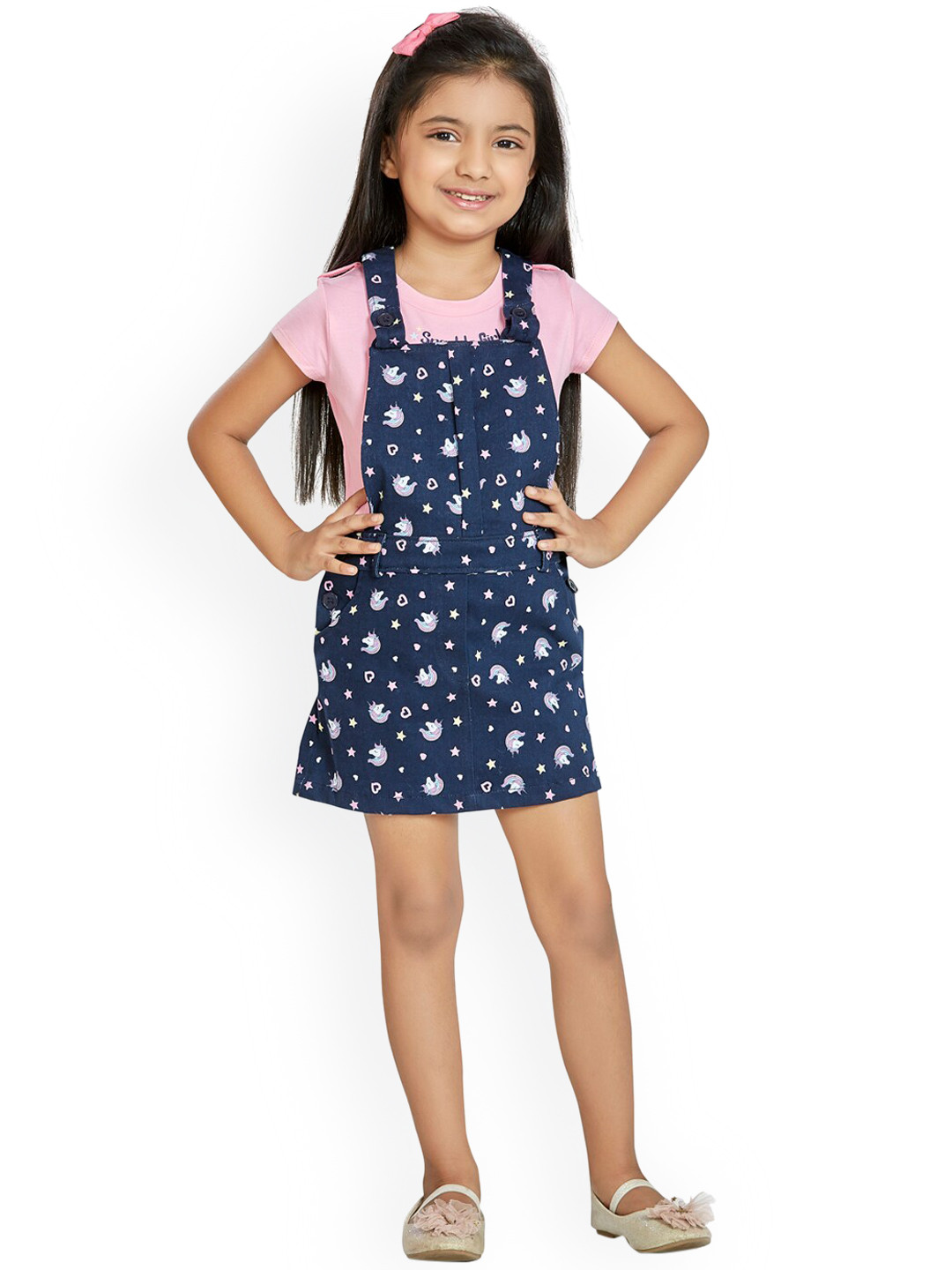 Peppermint Girls Navy Blue Printed Dungaree With Top