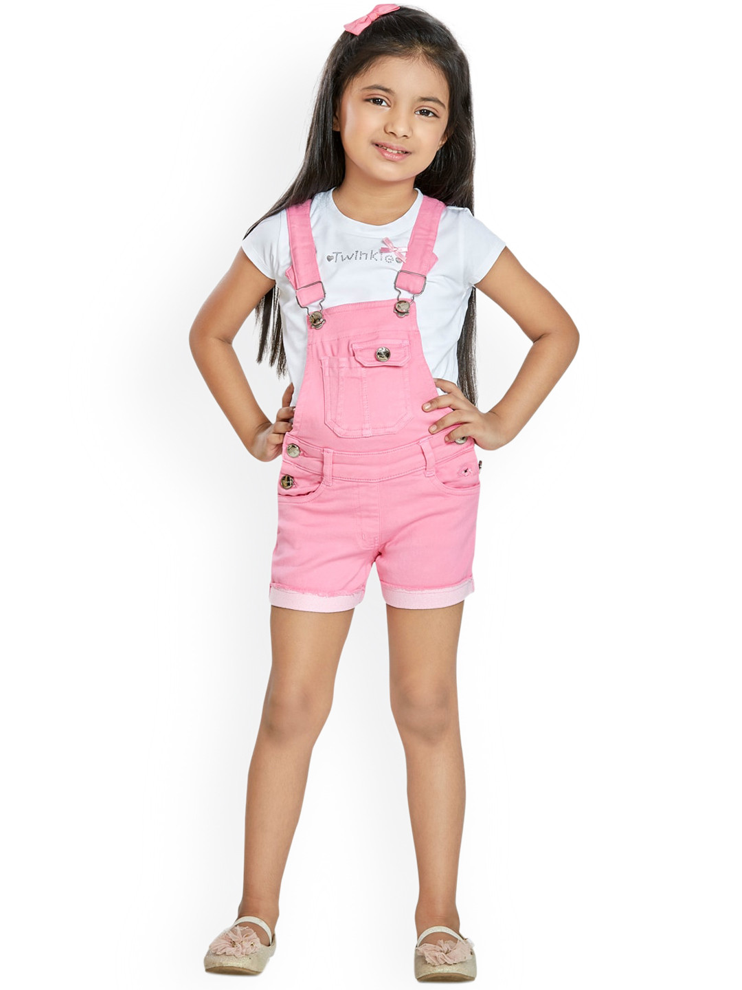 Peppermint Girls White & Pink Printed Dungaree With Top