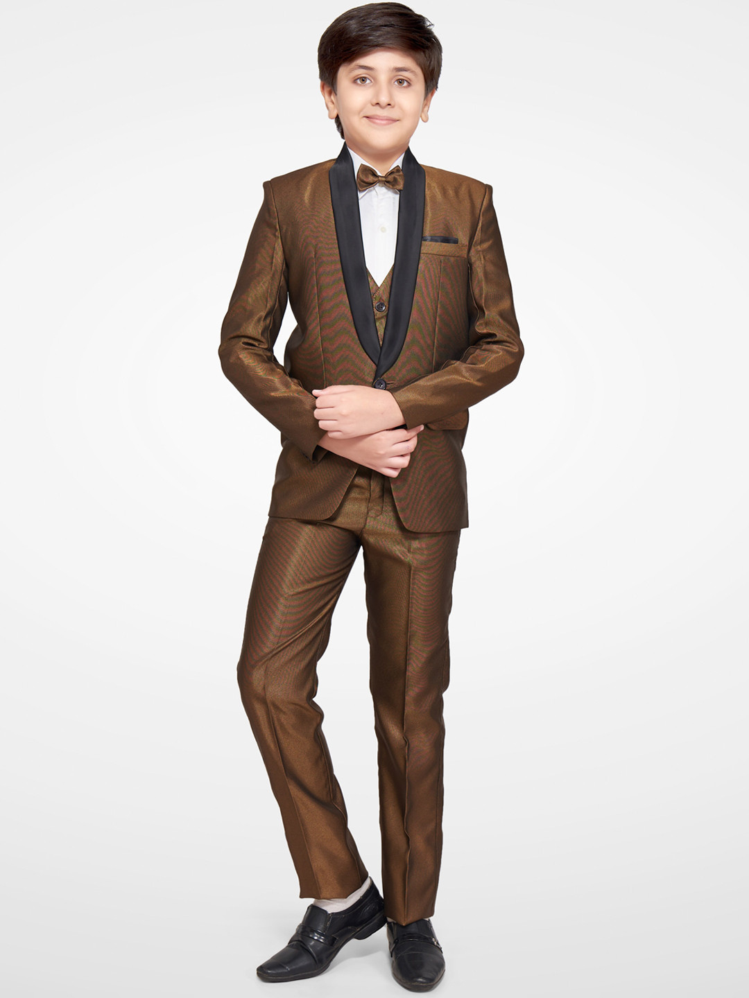Jeetethnics Boys Gold-Colored Solid 5-Piece Single-Breasted Partywear Suit