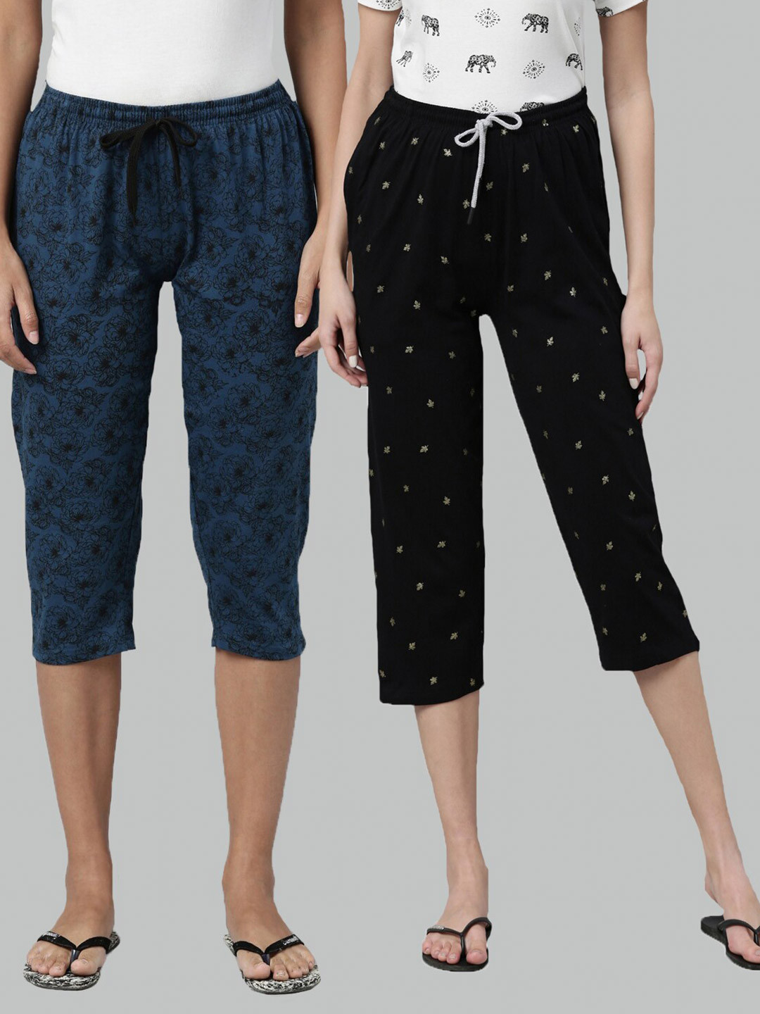 Kryptic Women Teal & Black Set Of 2 Printed Cotton Capris