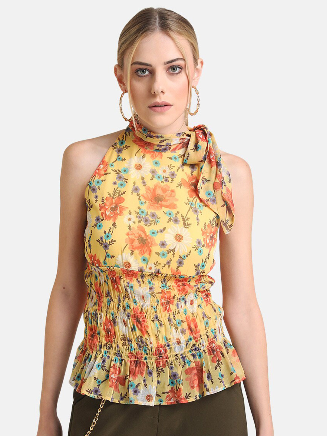 Kazo Yellow Floral Print Chiffon Cinched Waist Top