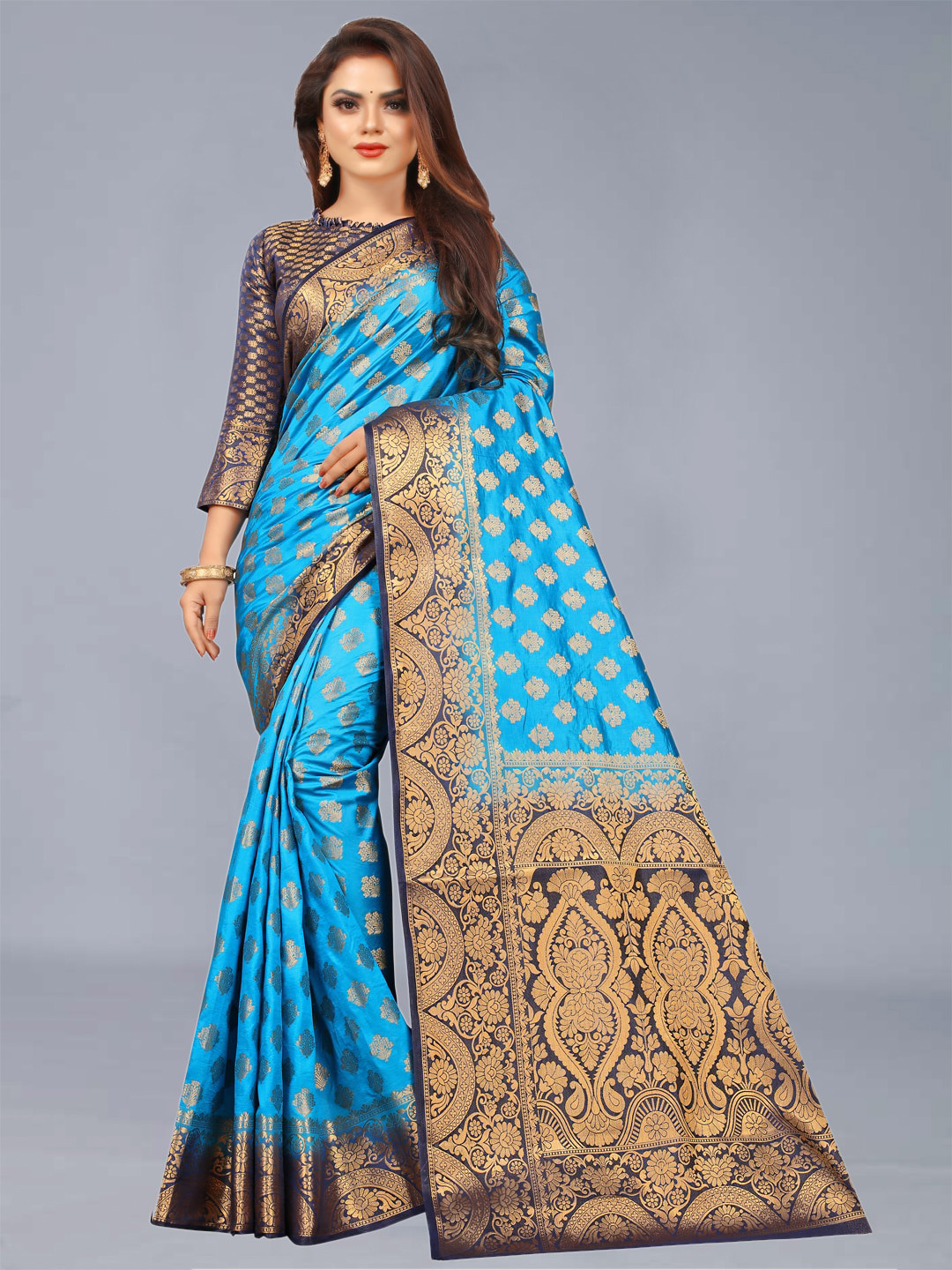 FINE WEAR Blue & Gold-Toned Woven Design Banarasi Saree