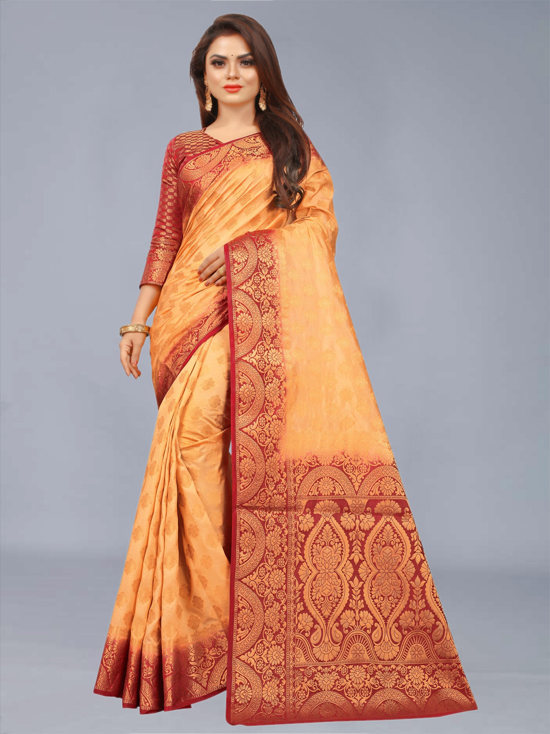 FINE WEAR Orange & Maroon Ethnic Motifs Zari Silk Cotton Banarasi Saree
