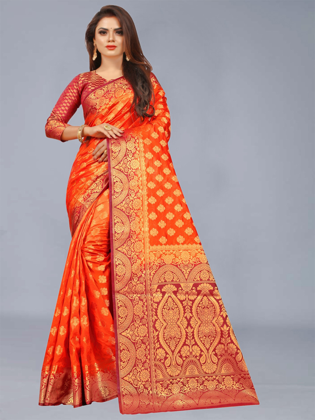 FINE WEAR Orange & Maroon Woven Design Zari Silk Cotton Banarasi Saree
