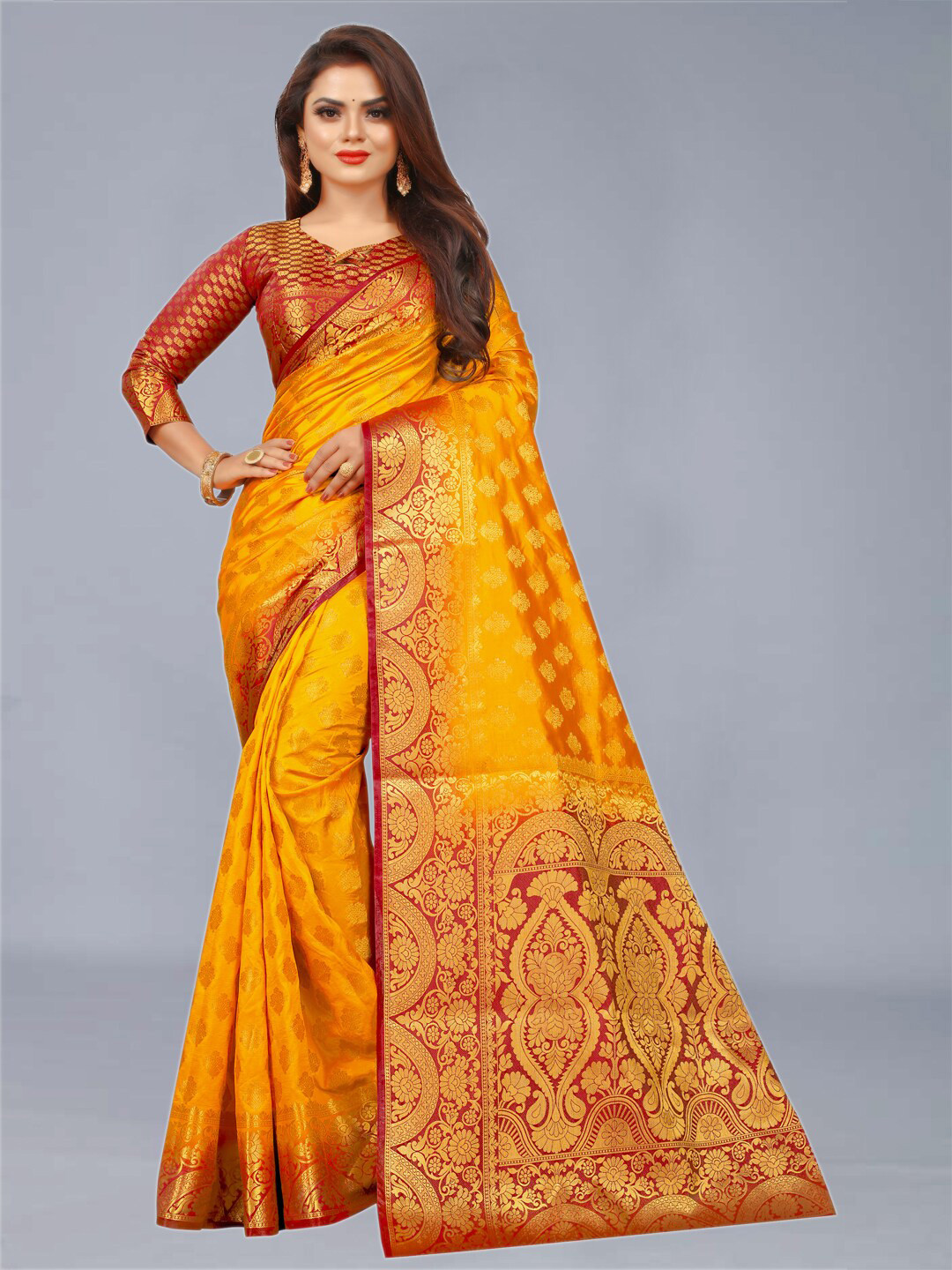 FINE WEAR Mustard Ethnic Motifs Zari Silk Cotton Banarasi Saree