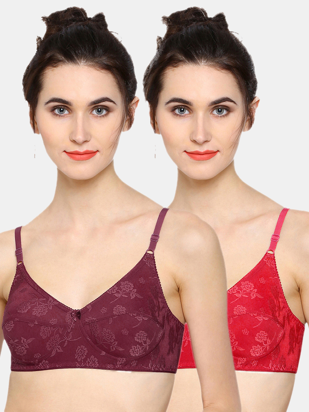 Sonari Burgundy & Red Set of 2 Floral Non-Padded Minimizer Bra