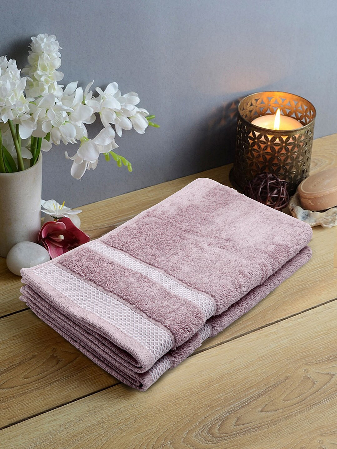 SPACES Set Of 2 Pink Solid 500 GSM Pure Cotton Hand Towels
